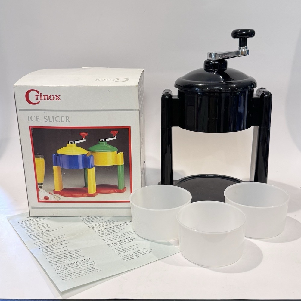 Vintage Crinox Hawaiian Ice Shaver Black Plastic Manual‎ & 3 Serving Cups IOB